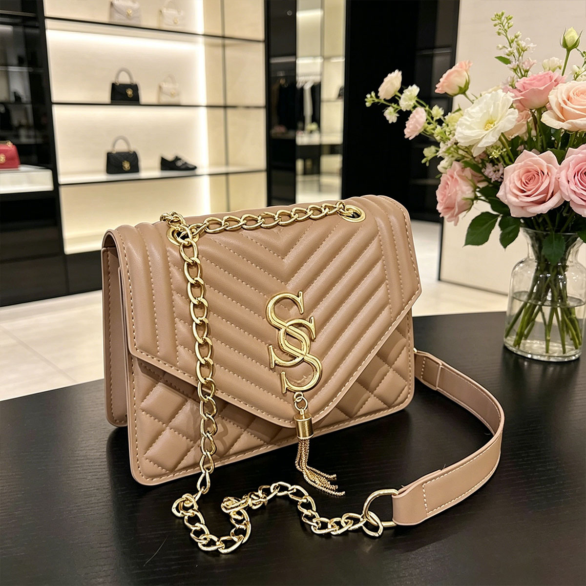 Chain Crossbody Quilted - حقيبة كتف صغيرة أنيقة وفاخرة بنمط